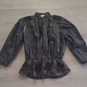 Vintage Leather Beaded Peplum Waist Elegant Black Women's Jacket